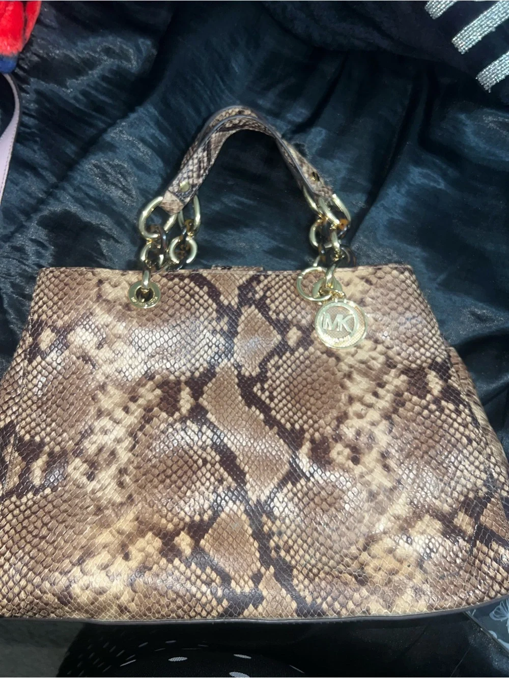 Michael Kors Brown Snake-Print Satchel with Gold Hardware